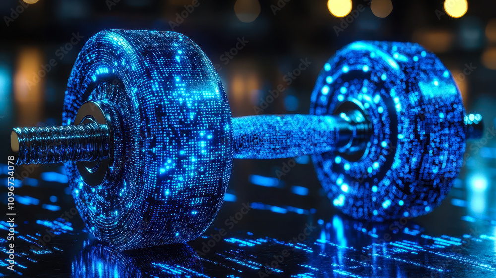 Poster digital dumbbell with binary code: ai fitness tracking and personalized workout algorithms