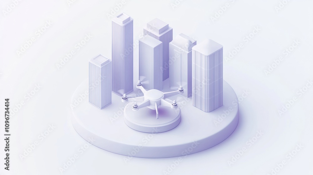 Poster a minimalist 3d representation of a drone surrounded by urban buildings.