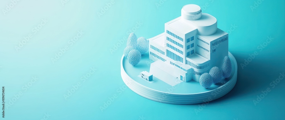 Poster A stylized architectural model of a building surrounded by trees on a blue background.