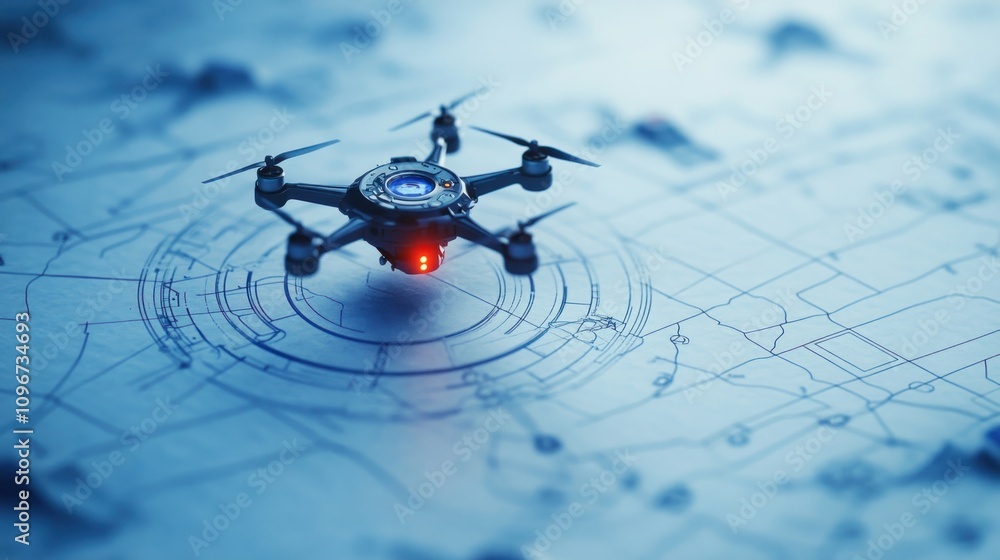 Poster a drone positioned on a blueprint, highlighting technology and design elements.