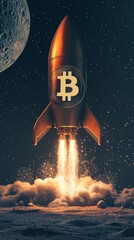 Naklejka premium Bitcoin Rocket Going to the Moon. BTC Cryptocurrency Symbol. Space Exploration Background Concept Art