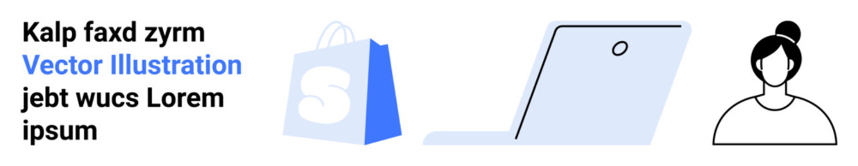 Image shows a shopping bag, a laptop, and a person icon. Ideal for e-commerce, online shopping, digital marketing, website design, and customer service. Landing page