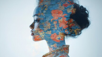 Double exposure concept with human face silhouettes and texture. Profile silhouette with vibrant floral patterns overlay