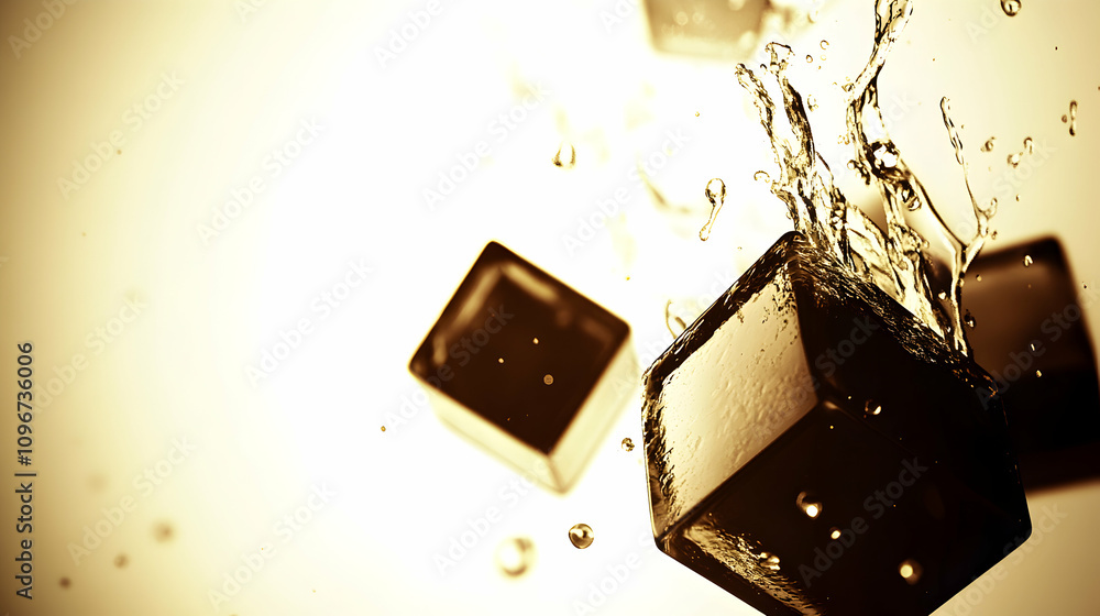 Poster abstract image of three ice cubes splashing in sepia-toned water, capturing the dynamism of liquid m