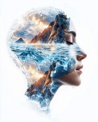 Double exposure concept with human face silhouettes and texture. Surreal portrait blending nature and human features