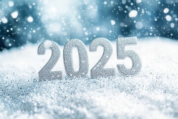 New Year sparkling numbers in snow, festive winter scene, blurred blue background with falling snowflakes creating a magical atmosphere, celebration and countdown themes