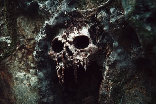 A human skull is suspended from the branch of a tree, surrounded by foliage