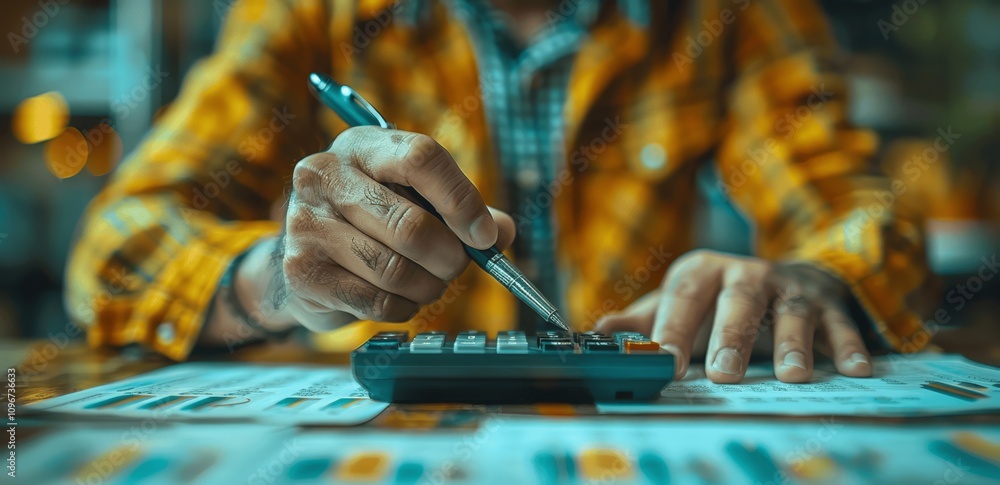 Poster accountant analyzing financial data with calculator on desk in office
