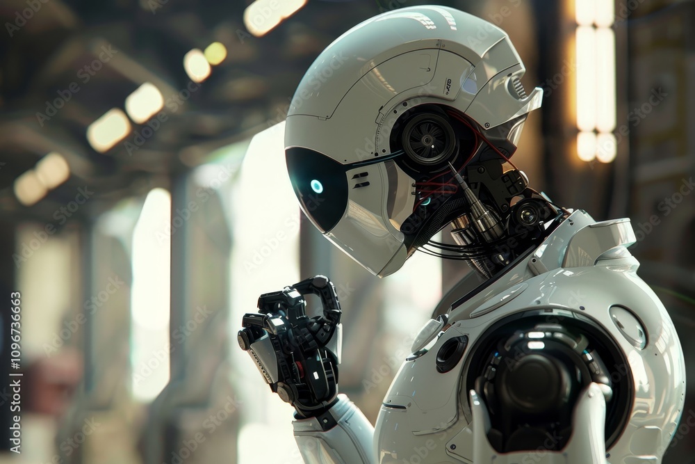 Poster a white robot with blue eyes stands in a dimly lit room, creating a striking contrast against the da