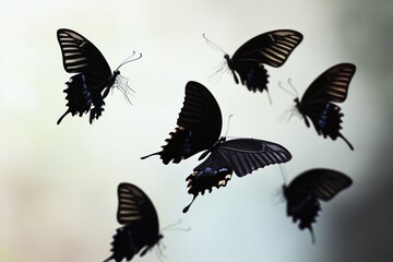 Obraz premium A cluster of black butterflies soar through the air