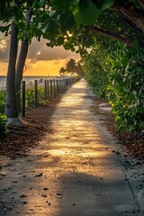 A scenic coastal pathway leads to the ocean as the sun sets