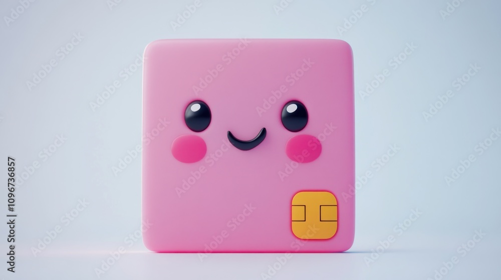 Poster a cute pink character with a smiling face and a yellow button, resembling a friendly toy.
