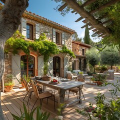 Fototapeta premium there is a table and chairs on the patio of a house