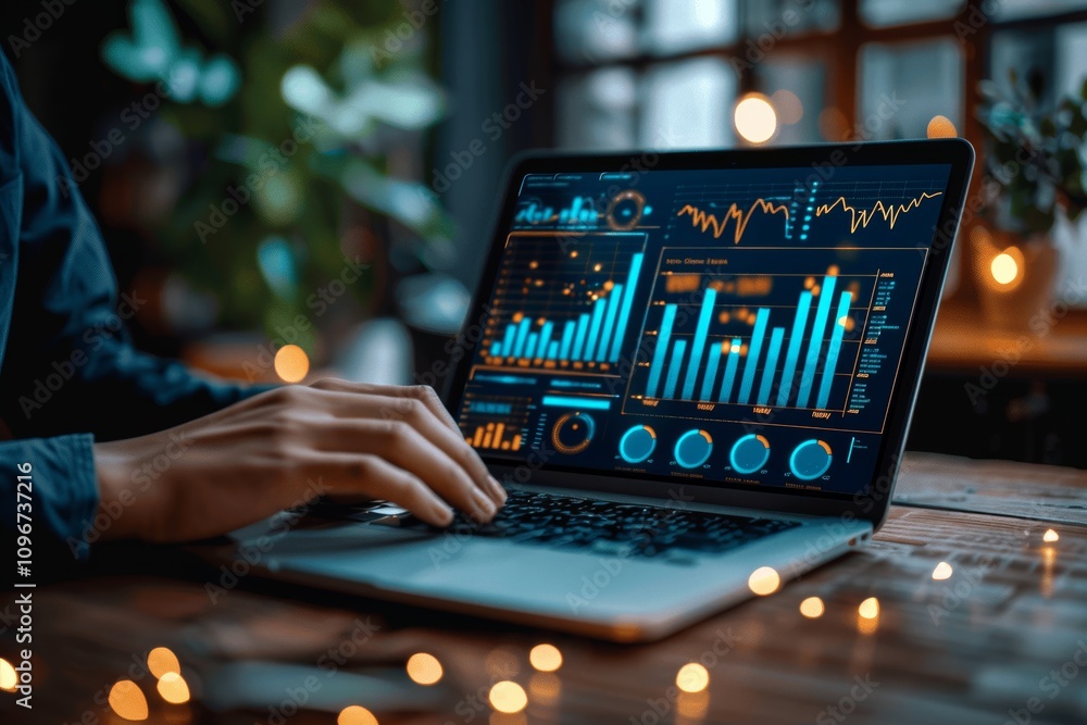 Poster businessman using laptop for business data management and analysis with virtual financial graphs and
