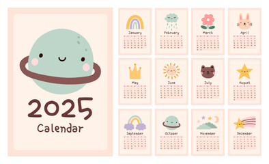 Cute children's calendar for 2025, week starts on Sunday. Vertical annual calendar template with cover and 12 month pages. Perfect for kids nursery, home decor. Kawaii design with rainbow, star, sun.