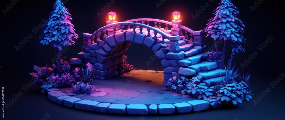 Poster a stylized stone bridge with glowing lanterns and lush plants, creating a magical atmosphere.
