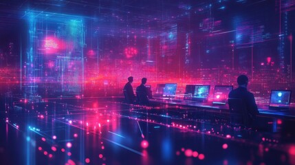 Three figures are silhouetted against a vibrant, futuristic digital backdrop, working intently at their computer stations. Pink and blue neon lights illuminate the scene.