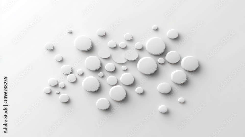 Poster A collection of white circular shapes on a light background, creating a minimalist design.
