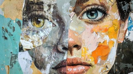 Collage of a woman's face with vibrant torn paper layers