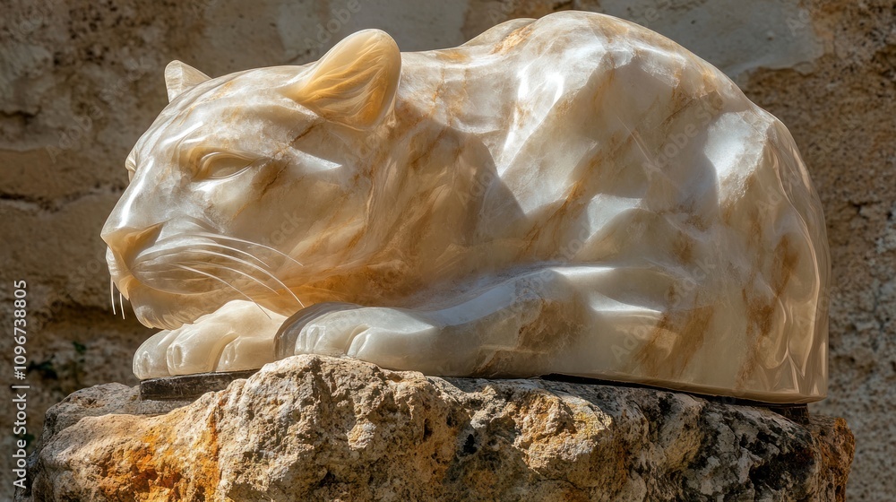 Poster a carved stone sculpture of a crouching cat resting on a rocky surface.