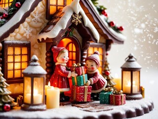 Charming wax figurines of children holding gifts near a meticulously crafted wax house, set in a festive Christmas scene with warm, glowing lights