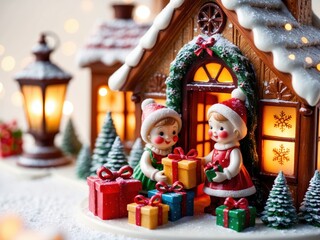 Charming wax figurines of children holding gifts near a meticulously crafted wax house, set in a festive Christmas scene with warm, glowing lights