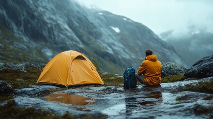 Solo hiker resting near orange tent in rainy mountains.