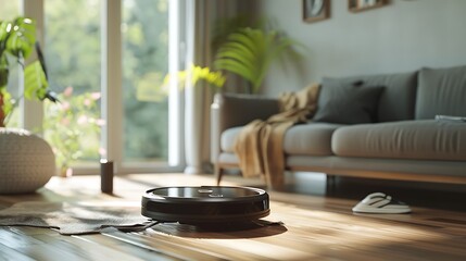 robotic vacuum in a cozy living space