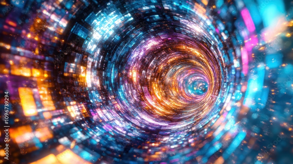 Poster abstract swirling tunnel of vibrant lights and colors, creating a dynamic and energetic visual.