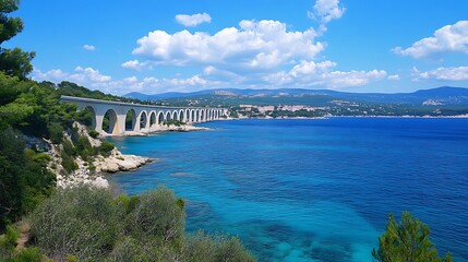 there is a train that is going over a bridge over the water