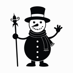 Black silhouette of a snowman wearing a scarf and hat in vector format perfect for festive and wintry designs
