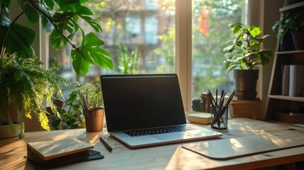 Sunlight Illuminates Cozy Home Office Workspace with Laptop and Lush Greenery