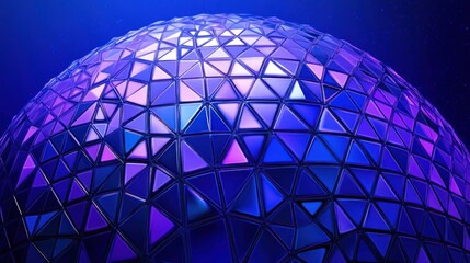 Abstract sphere of iridescent blue and purple triangles.