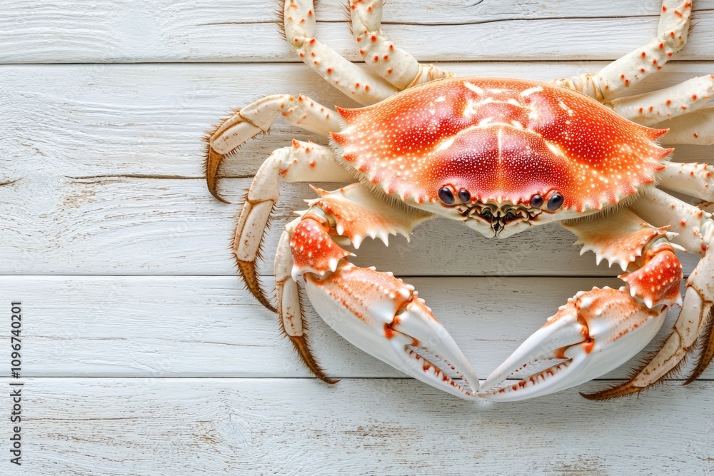 Poster a close-up shot of a crab with a distinctive red and white shell pattern