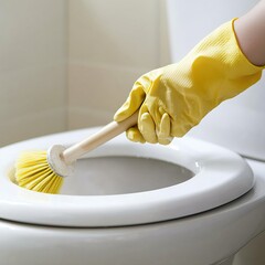 A person cleaning the toilet with tools and gloves to maintain hygiene. AI generated image