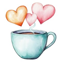 A whimsical illustration of a teal cup emitting steam, with colorful heart shapes rising above, symbolizing love and warmth.