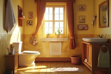 A bright and colorful bathroom interior with modern design features. AI generated image