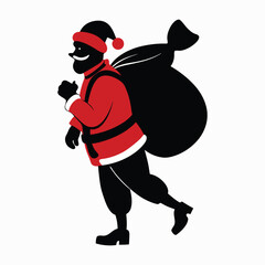 Santa Claus silhouette carrying a large gift bag in black vector form ideal for holiday-themed artwork and decorations