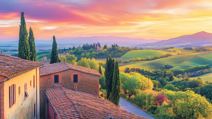 Naklejka premium Tuscan countryside at sunrise, scenic view of rolling hills, cypress trees, traditional houses, vibrant colors.