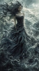 there is a woman in a dress standing in the water