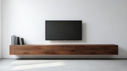 Elegant Modern Living Room Interior with TV on Wood Cabinet in Contemporary White Wall Background