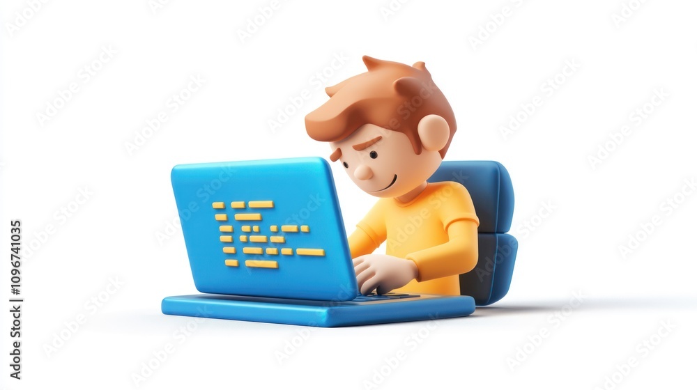 Poster A cartoon boy focused on coding at a laptop, representing technology and learning.