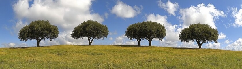 Fototapeta premium A serene landscape featuring four majestic trees on a hill under a blue sky with fluffy clouds.