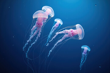 A group of glowing jellyfish floating near the surface of crystal clear water
