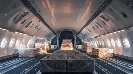 Obraz premium Interior of a cargo aircraft filled with neatly wrapped freight.