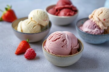 Freshly served ice cream with juicy strawberries