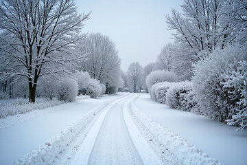 Obraz premium A snow covered path winding through a quiet winter village