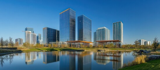 Fototapeta premium Modern urban skyline with reflective glass skyscrapers and business office buildings under clear blue sky, showcasing contemporary architecture and corporate environment .