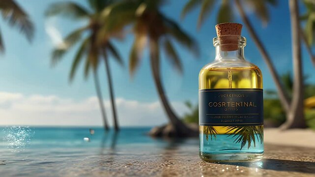 A bottle of olive oil with a beach background. Seamless 4K looping timelapse video animation