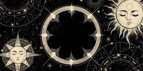 Vector illustration set of moon phases. Different stages of moonlight activity in vintage engraving style. Zodiac Signs	
